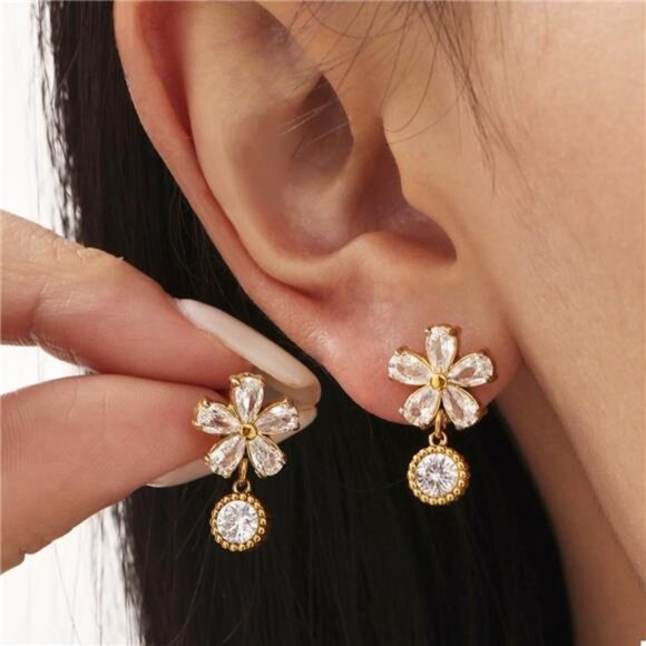 18K Gold-Plated Stainless Steel Zircon Flower Drop Earrings - Picture 1 of 7